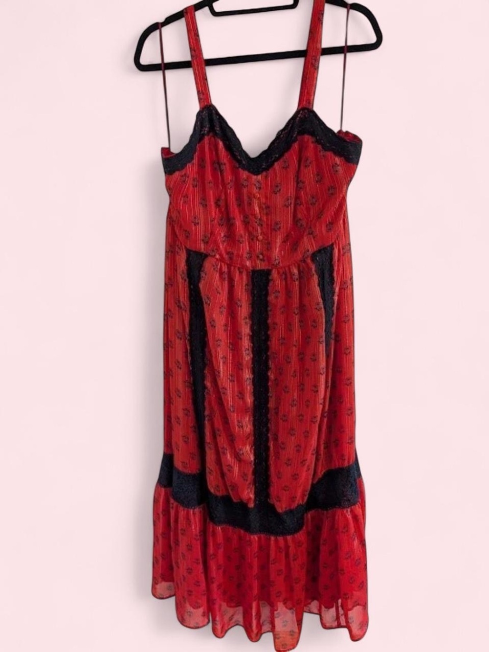 ModCloth Red and Black/navy Lace-Trim maxi  Dress cottagecore prairie